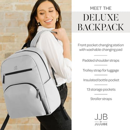 JuJuBe JJB New Deluxe Diaper Bag Backpack with Portable Changing Pad, Stroller Straps, Large Travel Backpack for Boy or Girl, Carrying Baby Bottles, Diapers, Pacifiers, Grey - color: Grey