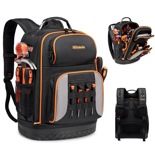 Tool Bag Backpack Heavy Duty 1680D Oxford, 75 Pockets & Loops Electrician Backpack, Large HVAC Tool Bags with Hard Bottom, Construction Work Technician Backpacks with 16’’ Laptop Compartment for Men
