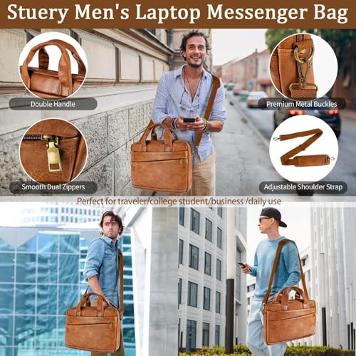 Faux Leather Messenger Bag for Men 17.3 Inch: Laptop Bag Briefcase Computer Handbags Shoulder Crossbody Bag with Padded Laptop Sleeve for Work College Travel, PU Brown - color: Pu Brown