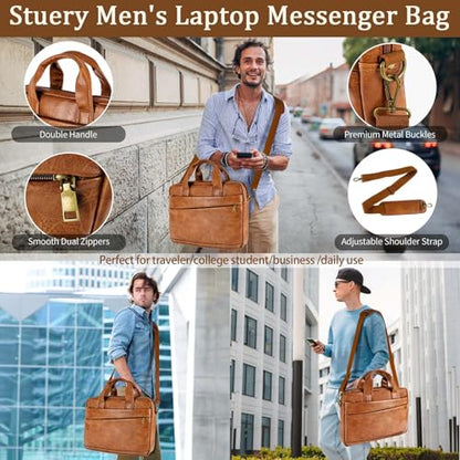 Faux Leather Messenger Bag for Men 17.3 Inch: Laptop Bag Briefcase Computer Handbags Shoulder Crossbody Bag with Padded Laptop Sleeve for Work College Travel, PU Brown - color: Pu Brown