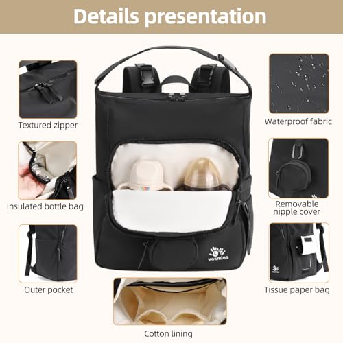 Diaper Bag Backpack with Changing Pad, Wet Dry Bag, Pacifier Case and Stroller Straps, Soft Cotton Lining, Baby Travel Bag for Moms and Dads（Black） - color: Black