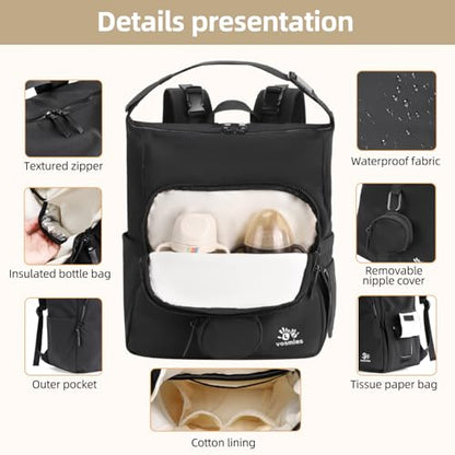 Diaper Bag Backpack with Changing Pad, Wet Dry Bag, Pacifier Case and Stroller Straps, Soft Cotton Lining, Baby Travel Bag for Moms and Dads（Black） - color: Black