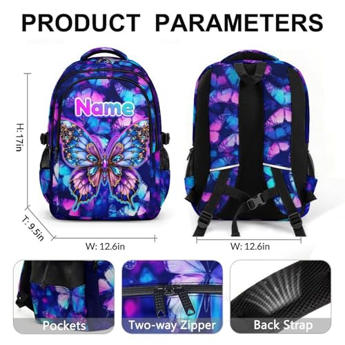 Backpack for School Custom Butterfly Backpacks for Kids Back to School, 17 Inch Glitter Bookbag with Name for Travel Picnic - color: Purple2