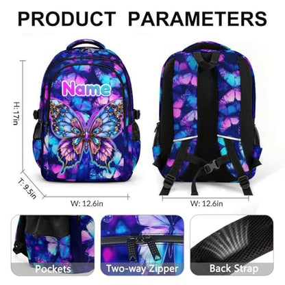 Backpack for School Custom Butterfly Backpacks for Kids Back to School, 17 Inch Glitter Bookbag with Name for Travel Picnic - color: Purple2
