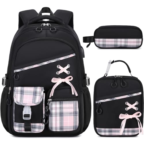 DIGOBAY Backpacks for Girls - 3PCS Girls Backpack with Lunch Box & Pencil Pouch Plaid School Backpacks for Elementary Middle High College School Bookbag for Teen Girl Kids Students Blackpink - color: Blackpink