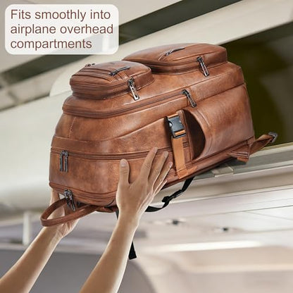 Vegan Leather Backpack, TSA Travel Backpack for Men and Women, Fits 17.0 Inch Laptop with Luggage Strap, Brown - color: Brown