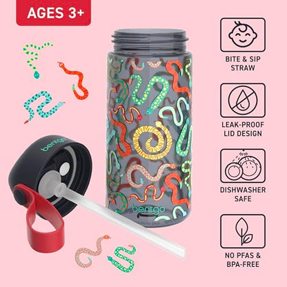 Bentgo Kids Water Bottle - Leak-Proof, Durable Tritan PFAS- & BPA-Free 15 fl oz, Kids/Toddlers Ages 3+ for School & Sports; Bite & Sip Spout, Carrying Handle, Dishwasher Safe (NEW Sssnakes) - color: Sssnakes