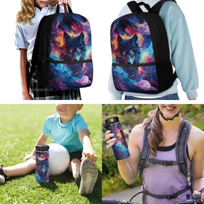 ZOUTAIRONG Bookbag for Teen Girls Mini Thermos with Carry Handle School Bags for Age 7-10/10-12/12-16, Art Galaxy Wolf Print Casual Backpack with Side Pockets - color: Art Galaxy Wolf