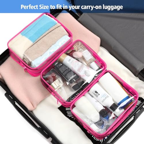 PACKISM Clear Makeup Bags - 3 Pack TSA Approved Clear Travel Bags for Toiletries, Carry on Toiletry Bag TSA Approved Toiletry Bag, Matte Rose Red - color: Y- Matte Rose Red, size: Medium Set (Standard)