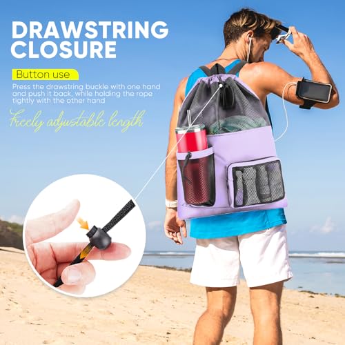 HOHOM Swim Mesh Beach Bag, Waterproof Gym Bags for Women and Men, Large Pool Bag Swimming Gear Drawstring Backpack - color: Lavender