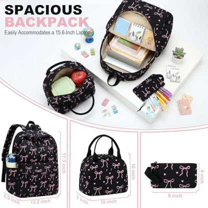 LEDAOU Kids Backpack for Girls Backpacks with Lunch Box, Lightweight Bookbag Set Elementary Middle School Back pack for 8-14 - color: A-bow Tie Black