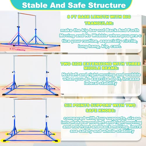 Marfula Gymnastic Bar For Kid and Teenage of 3-25, 5Ft/8 FT Base Length 4Ft Width 5Ft Adjust Height, Gymnastic Kip Bar For Gymnast, Gymnastic Training Equipment For Professional Training Home Club Use - color: Blue (Bar with Mat - 8 Ft Base)