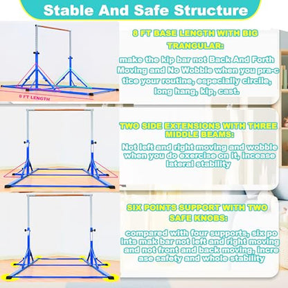 Marfula Gymnastic Bar For Kid and Teenage of 3-25, 5Ft/8 FT Base Length 4Ft Width 5Ft Adjust Height, Gymnastic Kip Bar For Gymnast, Gymnastic Training Equipment For Professional Training Home Club Use - color: Blue(New Style - 8 Ft Base)