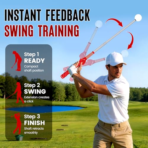 5-in-1 Golf Swing Trainer for Right-Handed Golfers with Click Feedback, Retractable Training Aid, Grip Trainer & Arm Band, Improve Tempo & Swing Path, Indoor Outdoor Practice - color: Red