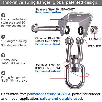 SELEWARE Stainless Steel Swing Hangers Heavy Duty Ceiling Swing Mounts Free Swivel Swing Hooks Swing Hardware Kits for Yoga Swing Hammock Chair Porch Swing Sets Heavy Bag 1000 LB Capacity Each 2 Pack - color: Silver2 - 360° Swing Hanger ( 2 Pack )