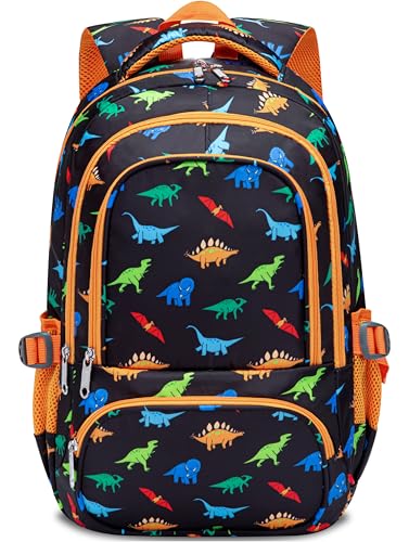 BLUEFAIRY Kids Backpacks for Boys 17 Inch Elementary Primary Middle School Bookbags with Laptop Compartment Back to School Bags for Childs Age 6-8 Mochilas Escolares para Niños Niñas Dinosaur Orange - color: Matte Black/Orange
