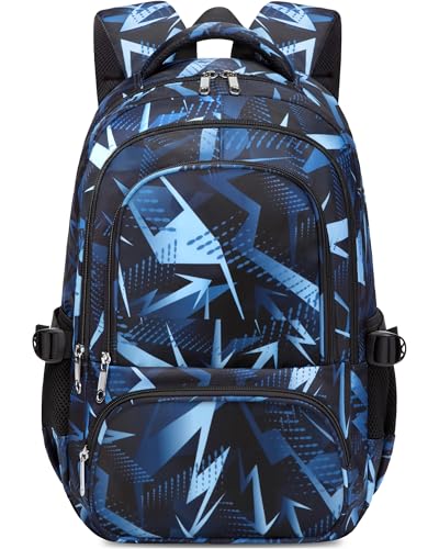 BLUEFAIRY Kids School Backpack for Boys Girls Ages 6-8 8-10 10-12 Elementary Middle School Book Bags with Laptop Compartment Mochilas Escolares para Niños Niñas de 8 10 12 Años (Blue, Geometric) - color: Blue