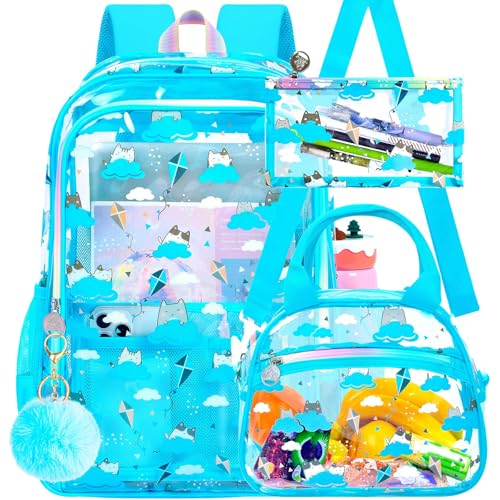 gxtvo 3PCS Clear Backpack Heavy-Duty Set for Women & Teen Girls, 17" Sky Blue Transparent Bookbag with Rainbow Strap, Cute Cloud Cat See Through School Bag - color: Sky Blue Cloud Cat Clear Backpack Set