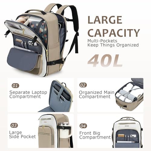 EMPSIGN 40L Travel Backpack for Women & Men, Airline Approved Carry On Backpack, TSA Personal Item Bag Waterproof, Overnight Weekender Essentials Backpacks for Business fits 17" Laptop, Khaki - color: Beige/Khaki/Light Brown