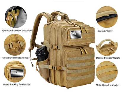 LHI Military Tactical Backpack for Men and Women 45L Army 3 Days Assault Pack Bag Large Rucksack with Molle System - Khaki - color: 1.1 Khaki