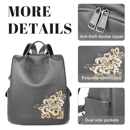 BOYATU Genuine Leather Backpack for Women: Elegant Floral Designer Purse - Small Shoulder Bag for Travel (Grey) - color: Z-grey
