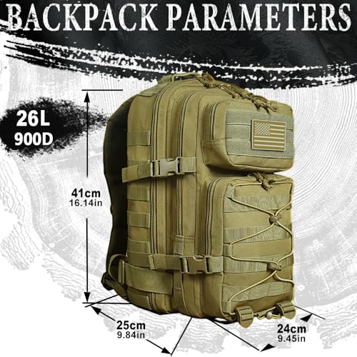 Military Tactical Backpack for Men Army 1 Day Assault Pack Molle Bag Bug Out Bag 26L - color: Khaki, size: 26L