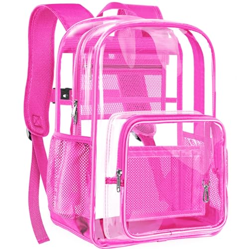Clear Backpack Heavy Duty Large Transparent Backpack with Reinforced Bottom Multi-pockets for College, Travel, Workplace Security - Pink - color: Pink