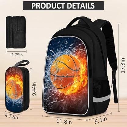 School Backpack for Boys - 4pcs Basketball Boys Backpack with Lunch Box and Pencil Case for Kids Children Teens Elementary Middle School - Students Bag for Ages 6-18,17″Bookbag Travel Back Pack - color: Basketball-02-backpack Set
