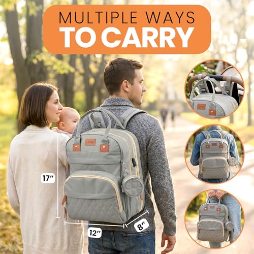Diaper Bag Backpack with Changing Station | 600D Oxford Waterproof Baby Bag for Mom & Dad | Large Baby Diaper Bag Boy Girl | 16 Pockets, USB Charging Port, Foldable Pad - color: Grey