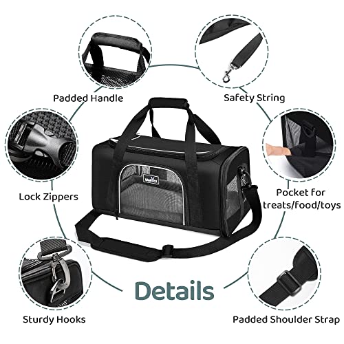 Wakytu TSA Approved Pet Carrier for Small Medium Cats and Dogs | Dog Carrier with Adequate Ventilation | 4 Mesh Windows, 3 Entrance, Locking Safety Zippers, Padded Shoulder Strap, Black - color: 1.0 Black, size: 17.7"L x 11.0"W x 8.3"H