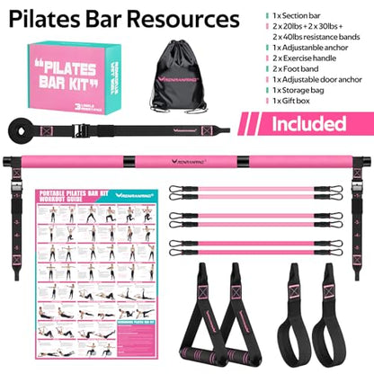 Pilates Bar Kit with Resistance Bands, Multifunctional Pilates Bar for Women & Men with Heavy-Duty Metal Adjustment Buckle, Pilates Home Equipment for Full BodyWorkouts - color: Pink