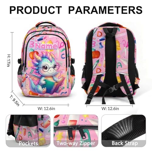 Kids Backpack Personalized Dragon Backpack for Girls, 17 Inch Pink Custom Schoolbags for College Preschool Primary Kindergarten - color: Pink1