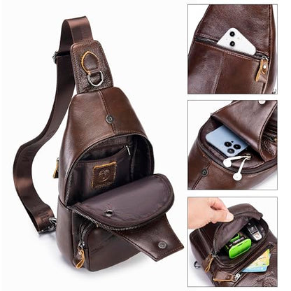 LUKZIJAES Genuine Leather Sling Bag for Men - color: #12-coffee