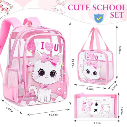 AO ALI VICTORY Clear Backpack for Boys Girls,15.6 Inch Kids Clear Backpack Set with Lunch Bag Pencil Case PVC Elementary Bookbag for School Students See Through Transparent Travel Back Pack,Pink Cat - color: Pink Cat 3pcs
