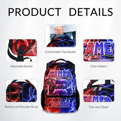 UNIKITTY Gamer School Backpack for Boys Personalized Gaming Bookbag, 17 Inch Large Capacity Custom Video Game Bookbag with Pockets for Kids Teens Students - color: Multicolor