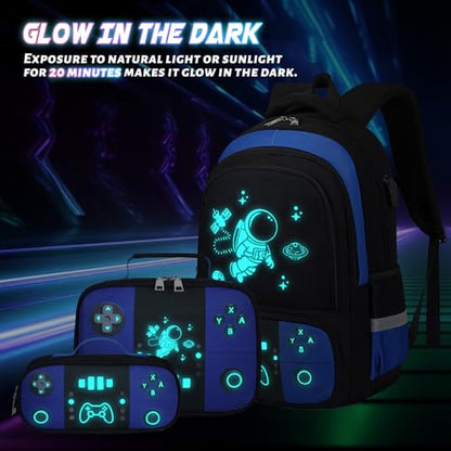 Bevalsa Backpack for School Boys, Cool Luminous Gamer Boys Schoolbag with Lunch Box & Pencil Case Set for Kids Teens Elementary Middle School, Bookbag Glow In The Dark(Blue Astronaut Backpack) - color: Blue Astronaut, style: Backpack