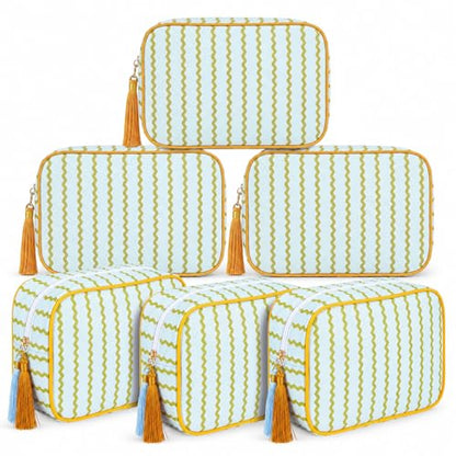 Kacctyen 6 Pack Mustard Yellow and Sage Green Striped Makeup Bag bulk with Tassel Travel Cosmetic Pouch Organizer Large Zipper Toiletry Case for Women Aesthetic Storage Pouch Mahjong Tile Bag - color: Mustard Yellow and Sage Green