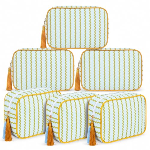 Kacctyen 6 Pack Mustard Yellow and Sage Green Striped Makeup Bag bulk with Tassel Travel Cosmetic Pouch Organizer Large Zipper Toiletry Case for Women Aesthetic Storage Pouch Mahjong Tile Bag - color: Mustard Yellow and Sage Green