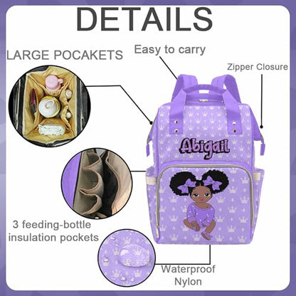 Newcos Personalized Crown Print Diaper Bag with Name Custom Africa Black Women Nappy Bags Travel Casual Mummy Backpack for Mom Women Purple - color: 230112-1