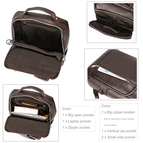LUUFAN Genuine Leather Backpack Men Casual Daypack 15.6 Inch Laptop Rucksack Business Travel Outdoor Shoulder Bag with Trolley Sleeve (Coffee) - color: 8028-coffee