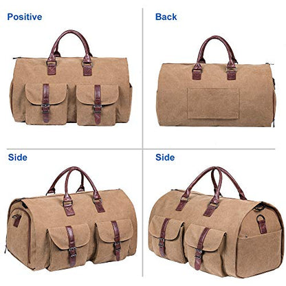seyfocnia Convertible Travel Garment Bag,Carry on Garment Duffel Bag for Men Women - 2 in 1 Hanging Suitcase Suit Business Travel Bag - color: Brown-two pockets-Canvas