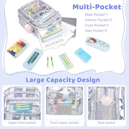 ACESAK Clear Backpack for Girls - 3 Pcs Clear Backpack Heavy Duty with Lunch Bag - See Through Bookbag Stadium Approved for Kids Middle High College School Sport Travel (Gray Daisy) - color: Gray Daisy