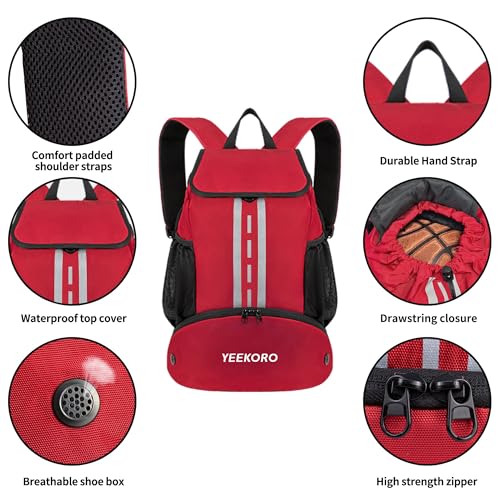 Soccer Backpack Multifunctional Sport Gym Bags with Dry-wet Separate & Shoe Compartment for Basketball Volleyball - color: Basic Model-red