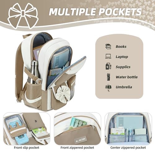 School Backpack for Girls 3PCS Nylon Kids Backpack Set with Lunch Box & Pencil Pouch, Cute Lightweight Teen Girls School Bag Laptop Bag Travel Daypack for Elementary Middle High School Beige Brown - color: Brown