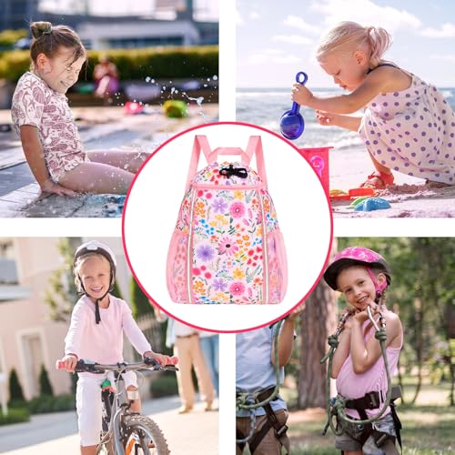 WAWASAM Drawstring Backpack for Kids, Flower Kids Drawstring Gym Bag for Girls, Waterproof Swim Bag for Beach String Cinch Backpack with Two Mesh Water Bottle Pocket - color: Flower