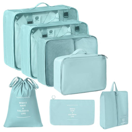 7 Set Packing Cubes for Suitcases, Breathable Luggage Organizer Bags, Travel Essentials with Clothing, Shoe, Cosmetics, Flat, Drawstring Bags, Blue - color: Blue