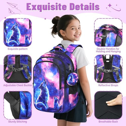 Wolf Backpack for Girls, Girls Backpacks with Lunch Box and Pencil Case for School, Kids Wolf Bookbag - color: Wolf