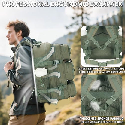 55L Tactical Backpack Heavy Duty Military Rucksack Molle Backpack 3 Day Assault Pack for Work Outdoors - color: Green