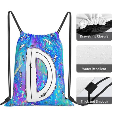 Drawstring Backpack Bag Sport Gym Sackpack Initial Blue Draw String Cinch Bags Bulk String Backpack Storage Bag for Women Men Letters D - color: Letters D