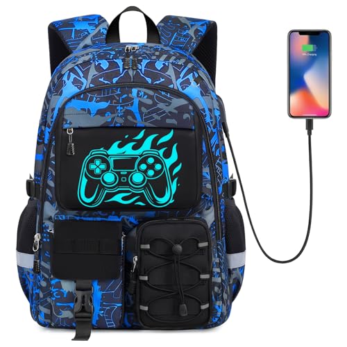 School Backpack for Boys - Gamer Boys Backpacks for Kids Teens Elementary Middle High School,18″ Large Capacity Students Bookbag with Usb Charging Port - color: Game003-only